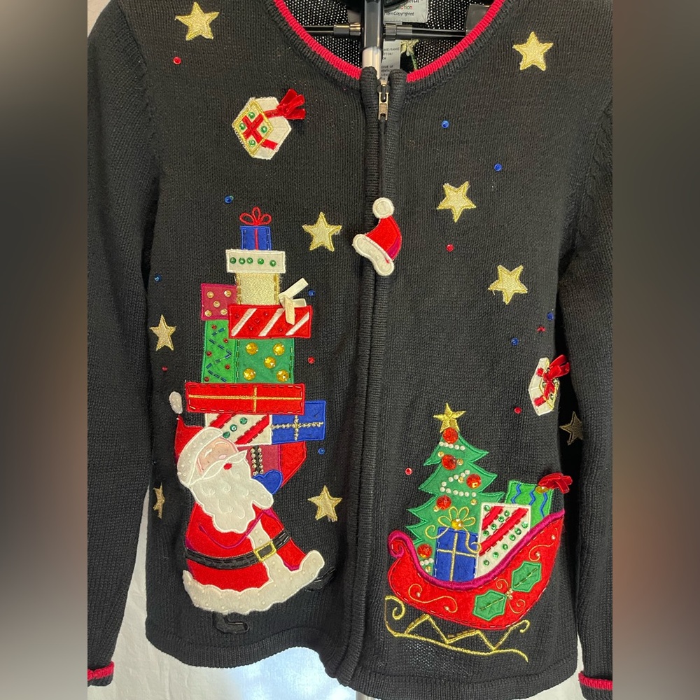 VTG Tiara Int'l M Black Ugly Christmas Sweater Zipper Cardigan Santa Embroidered - Picture 3 of 11